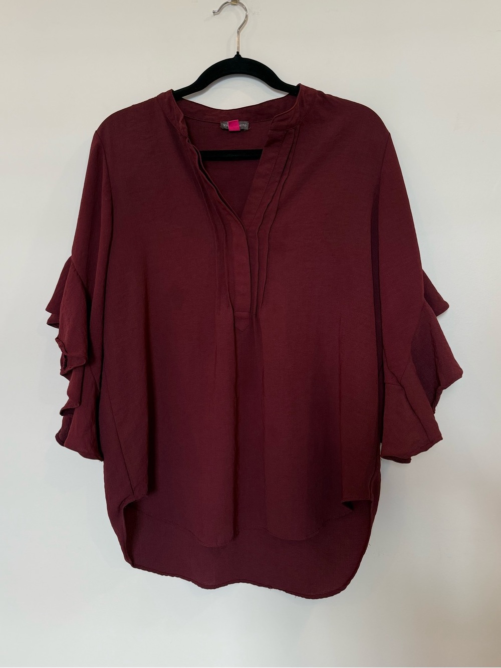 Vince Camuto Deep Burgundy Ruffle Sleeve V-Neck Blouse